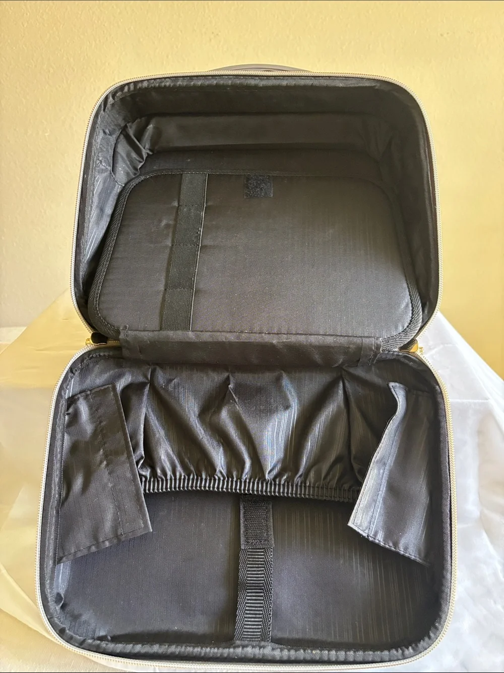 Metallic Gray Quilted Cosmetic Case with Gold Accents